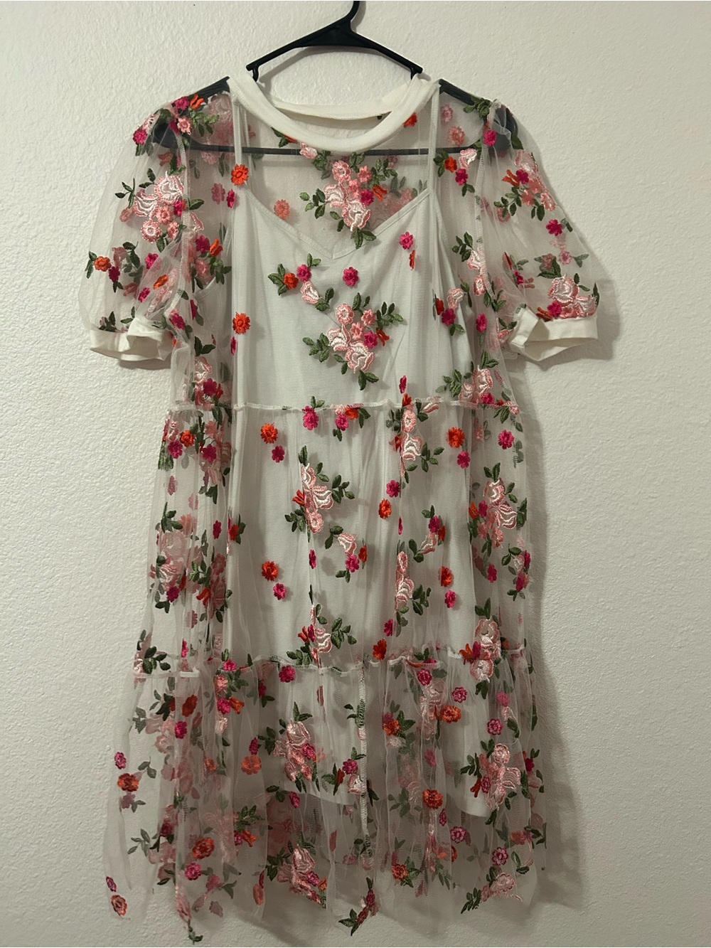 Floral Embroidered Mesh Midi Dress in White with Pink & Red Flowers